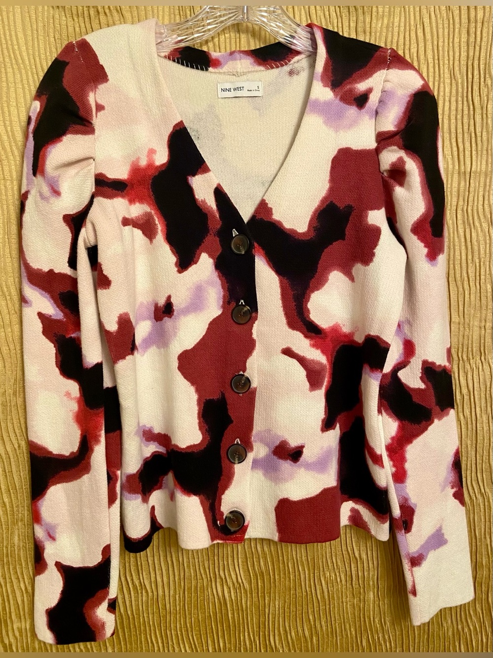 Nine West Cream, Red & Black Abstract V-Neck Button Cardigan